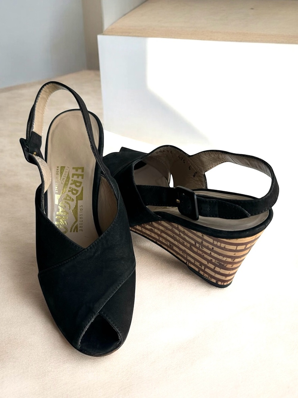 Salvatore Ferragamo Open Toe Wedge Sandal Black Suede